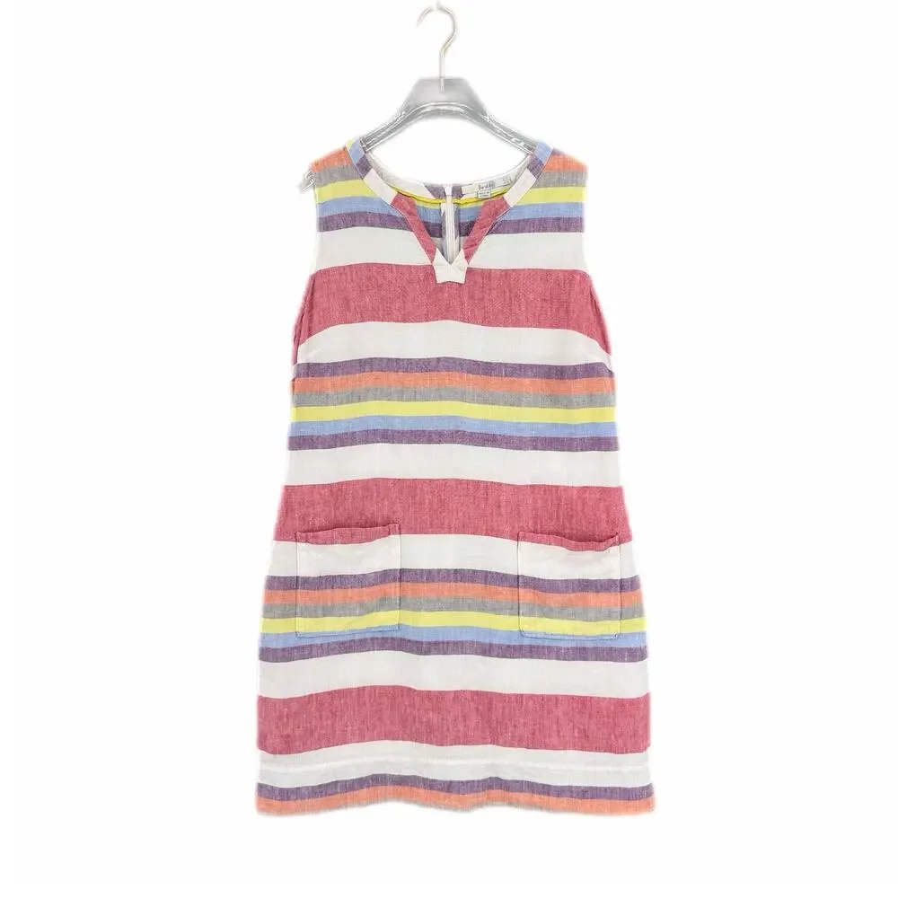 Boden White Multi Color Striped 100% Linen V-neck Sleeveless Shift Summer Dress